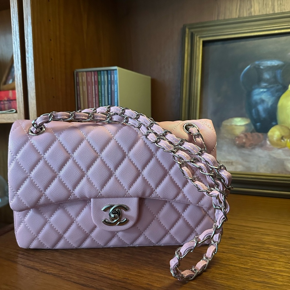 Chanel Light Pink Leather Handbag with Burgundy Interior